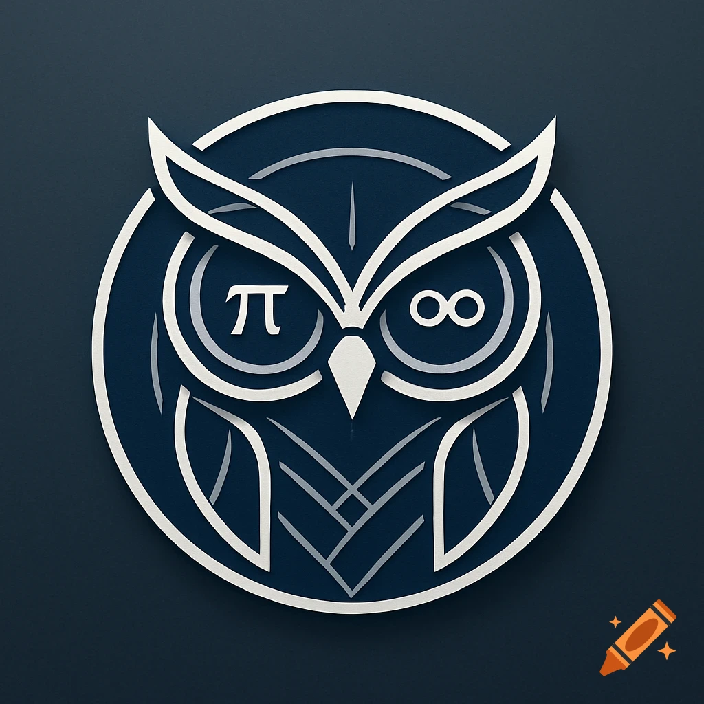 A stylized white and dark blue owl logo with the Pi symbol as one eye and the infinity symbol as the other, on a dark blue background.