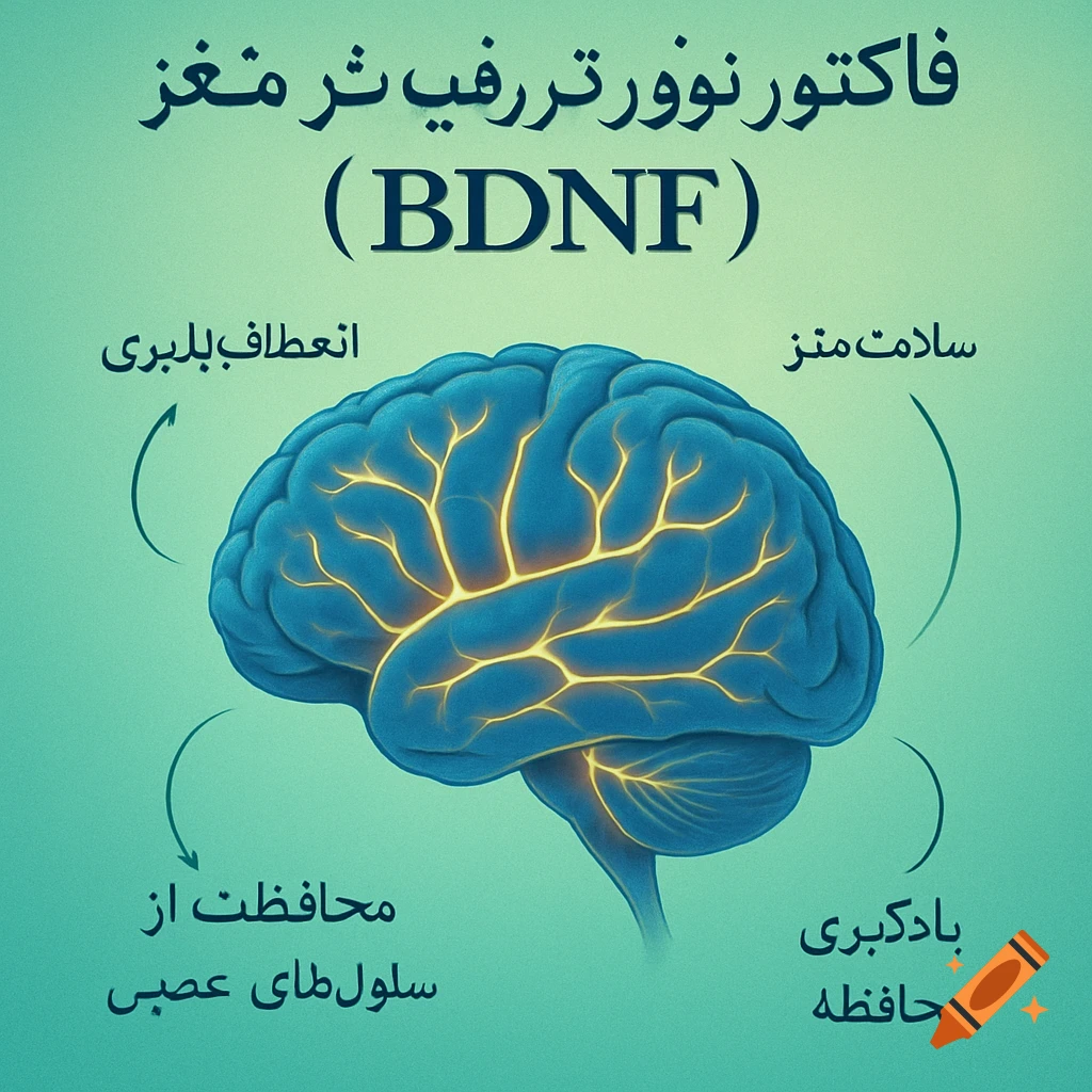 Stylized blue human brain illustration with glowing pathways, surrounded by explanatory Persian and English text about BDNF and its benefits.