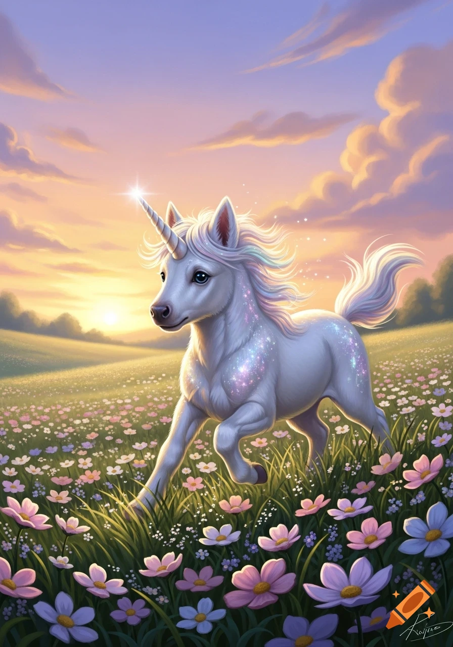 A majestic white unicorn with a sparkling mane and body gallops through a field of colorful wildflowers at sunset.