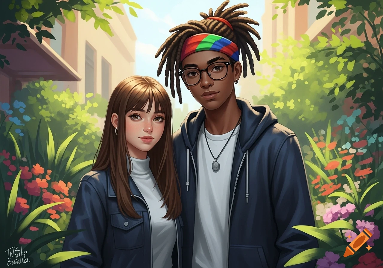 Digital illustration of a mixed-race couple, a boy with dreadlocks and glasses and a girl with long brown hair, standing in a garden.
