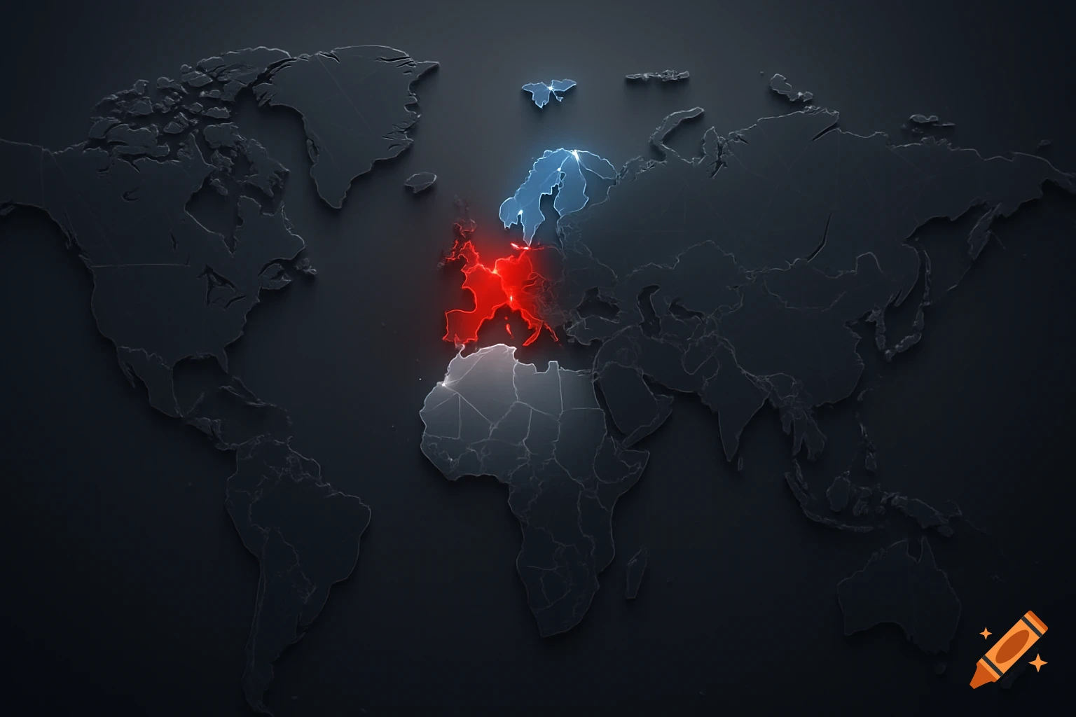 A dark, modern 3D world map with relief, showing Europe highlighted in red and blue. Western Europe is red, and Scandinavia, specifically Sweden, is blue.
