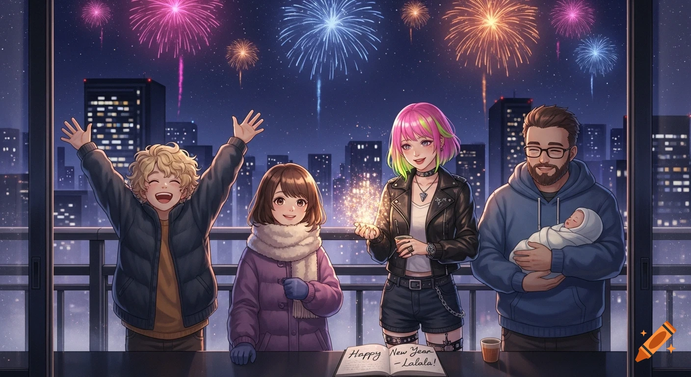 Anime-style family on a balcony watching colorful fireworks over a futuristic city at night, with a notebook displaying "Happy New Year".