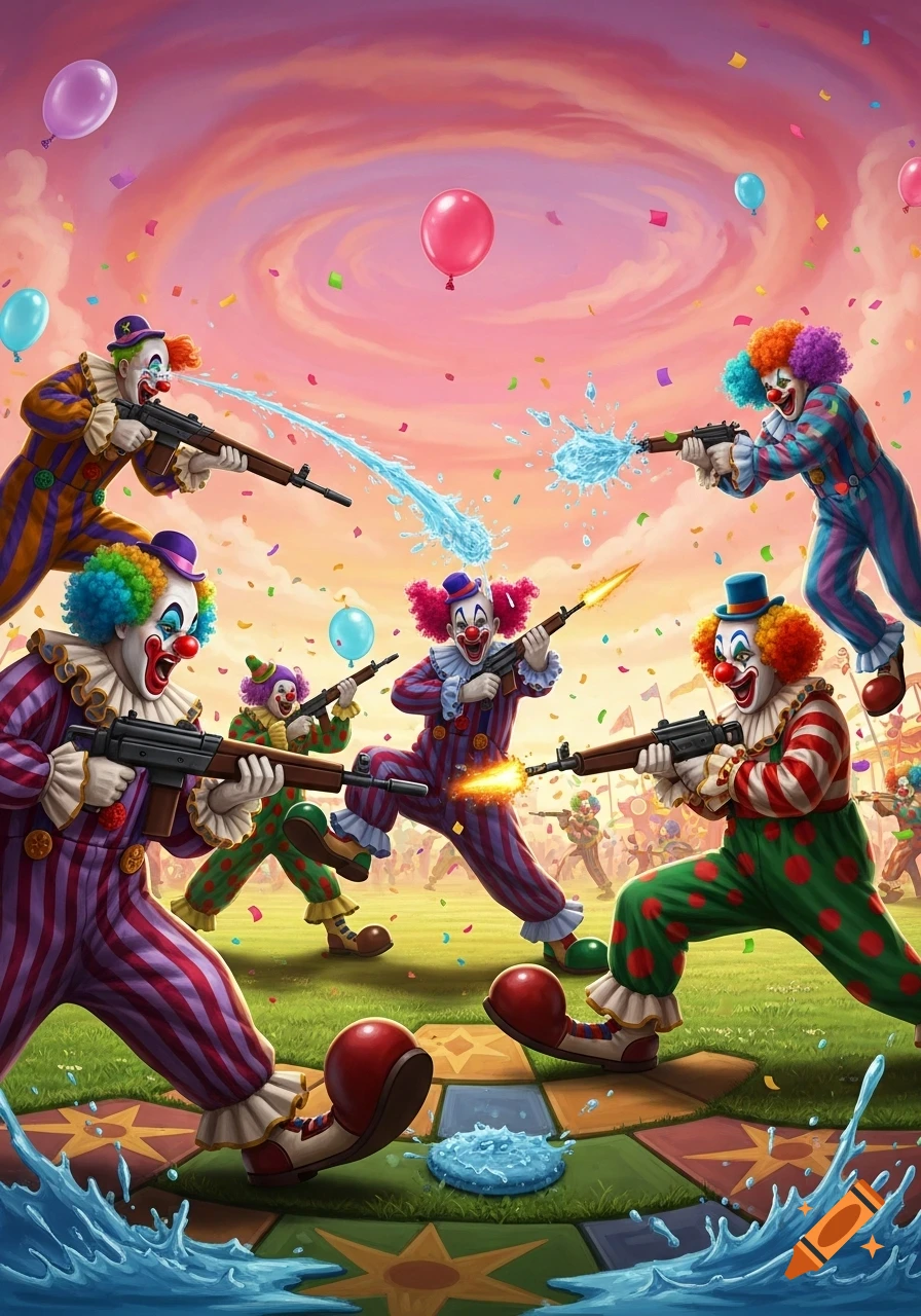 Vibrant cartoon illustration of multiple clowns in colorful costumes engaged in a chaotic water gun fight amidst confetti and balloons, under a swirling pink sky.