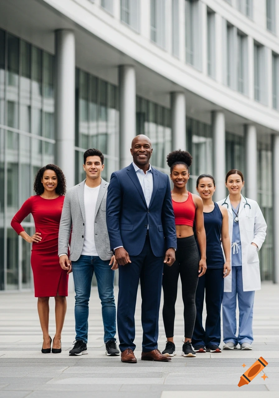 A diverse group of professionals in business, casual, fitness, and medical attire stand smiling in front of a modern building.