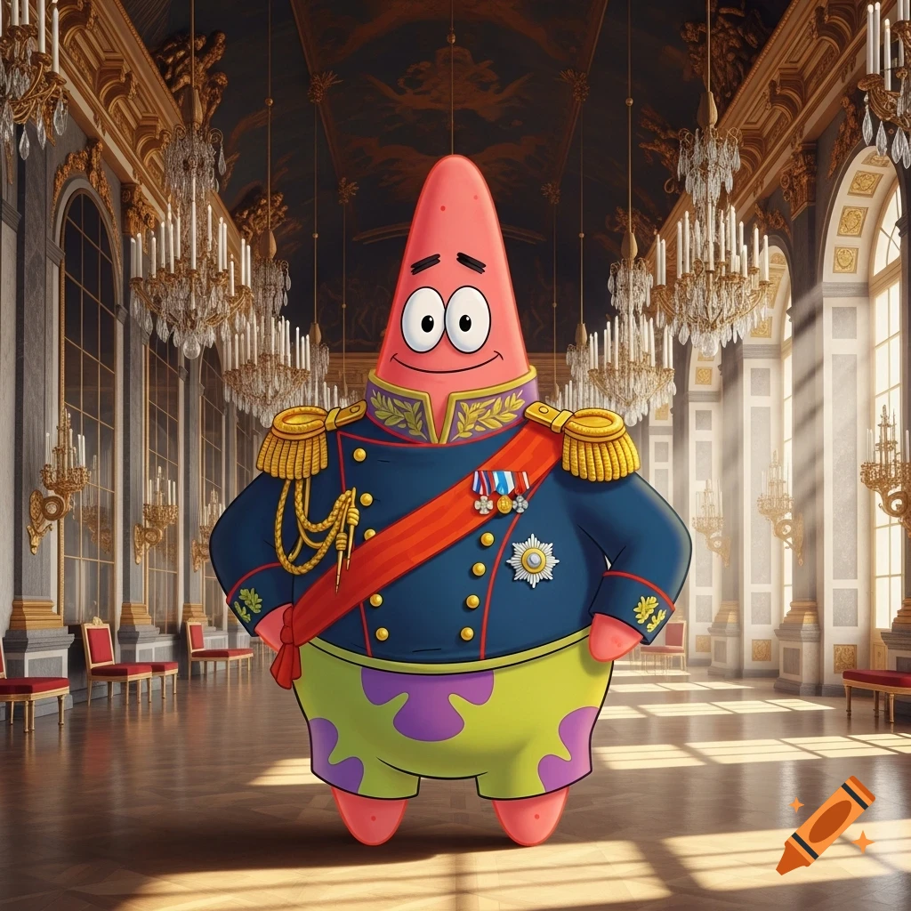 Patrick Star in a blue and gold military uniform with a red sash and medals, standing in a grand, ornate hall with chandeliers.