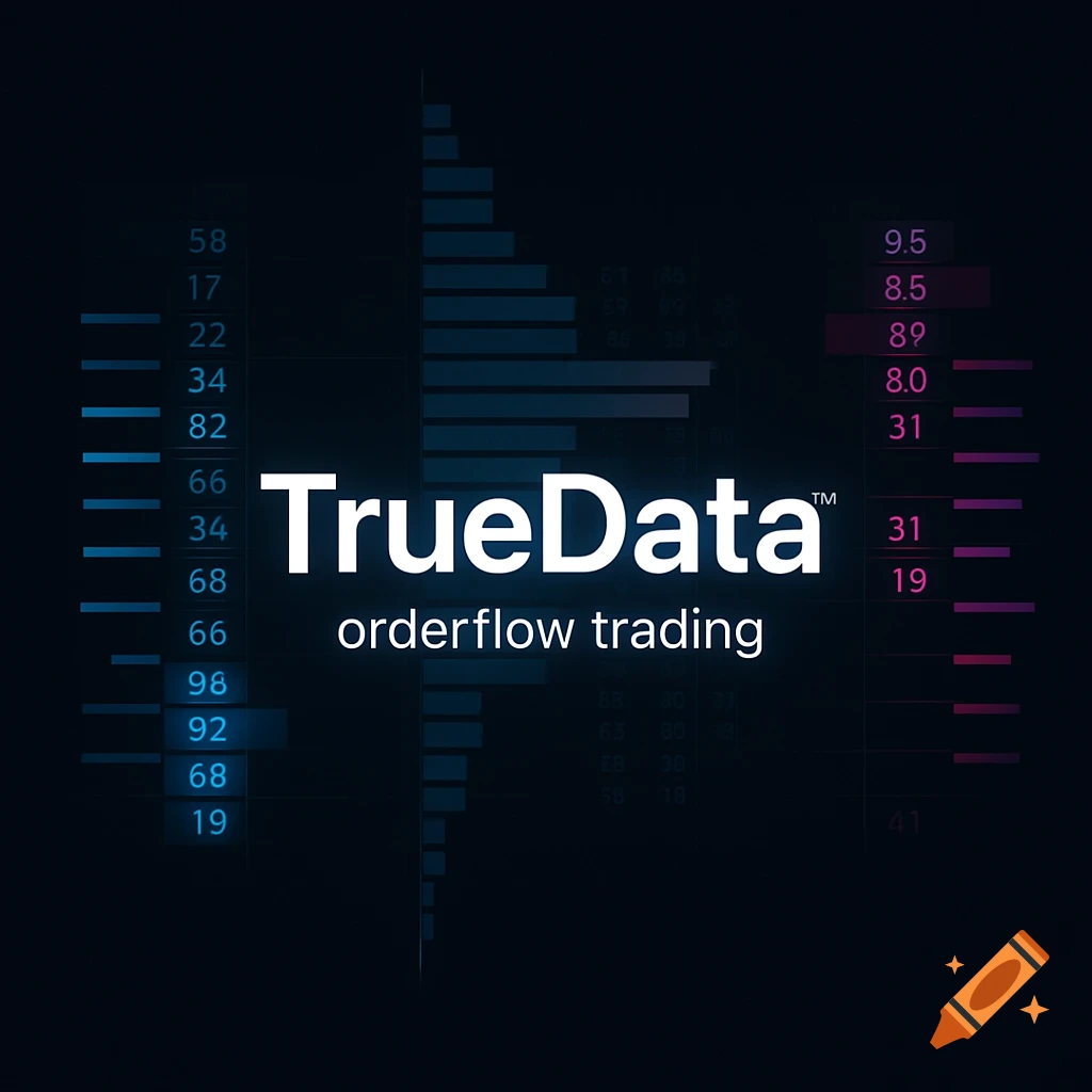 A dark digital trading interface with 'TrueData™ orderflow trading' text, surrounded by data bars, numbers, and charts in cyan and magenta.