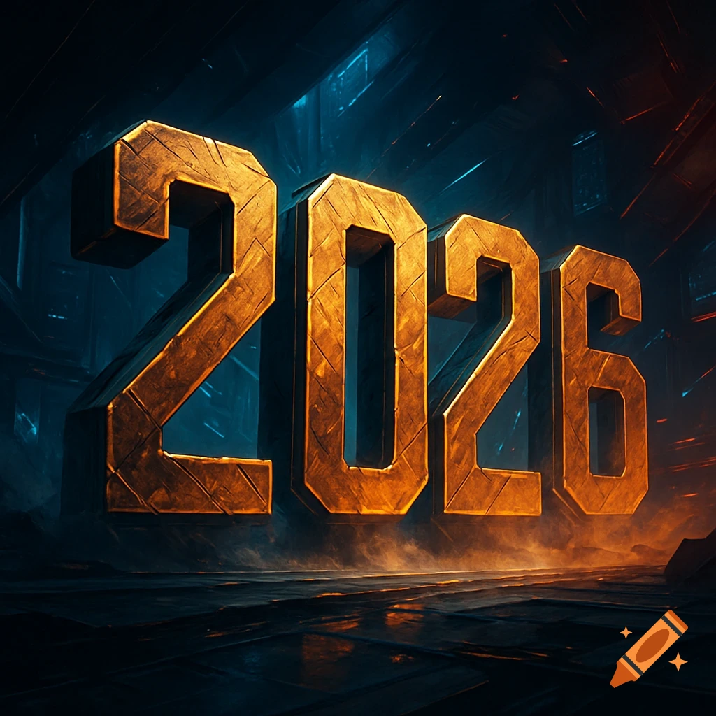 3D golden metallic numbers '2026' floating in a dark, futuristic scene with blue and orange ambient lighting, in an Apex Legends style.