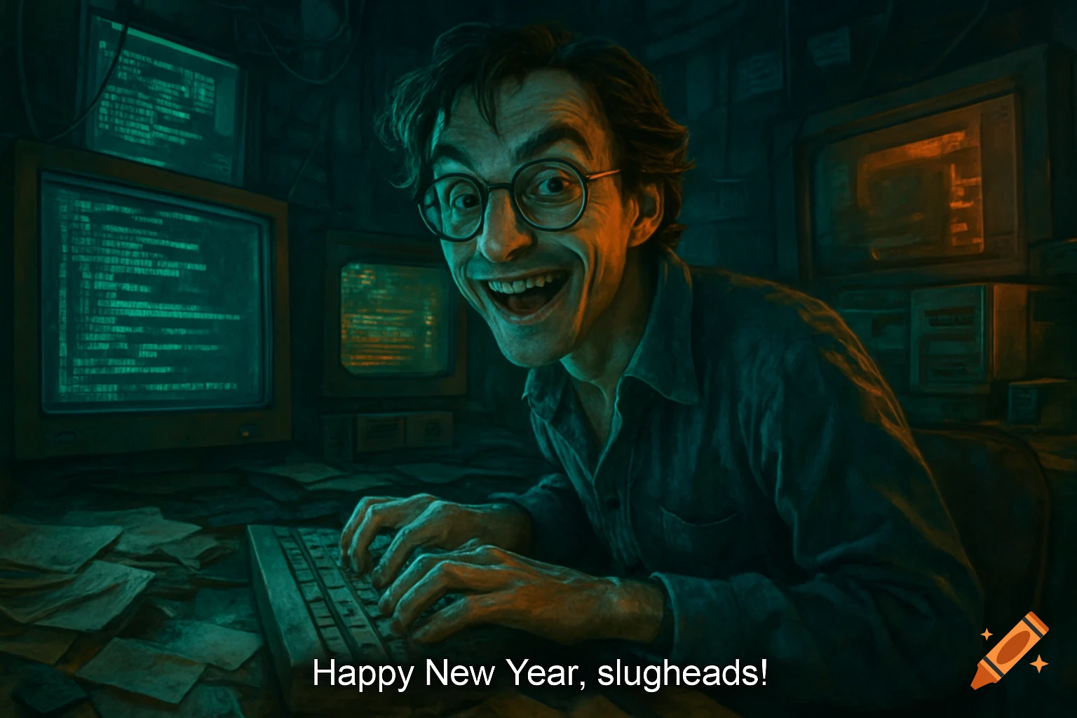 A man resembling Boris from GoldenEye 007, with a wide, maniacal grin and glasses, furiously types on a keyboard in a dark room illuminated by glowing computer monitors displaying code. The text "Happy New Year, slugheads!" is overlaid at the bottom.