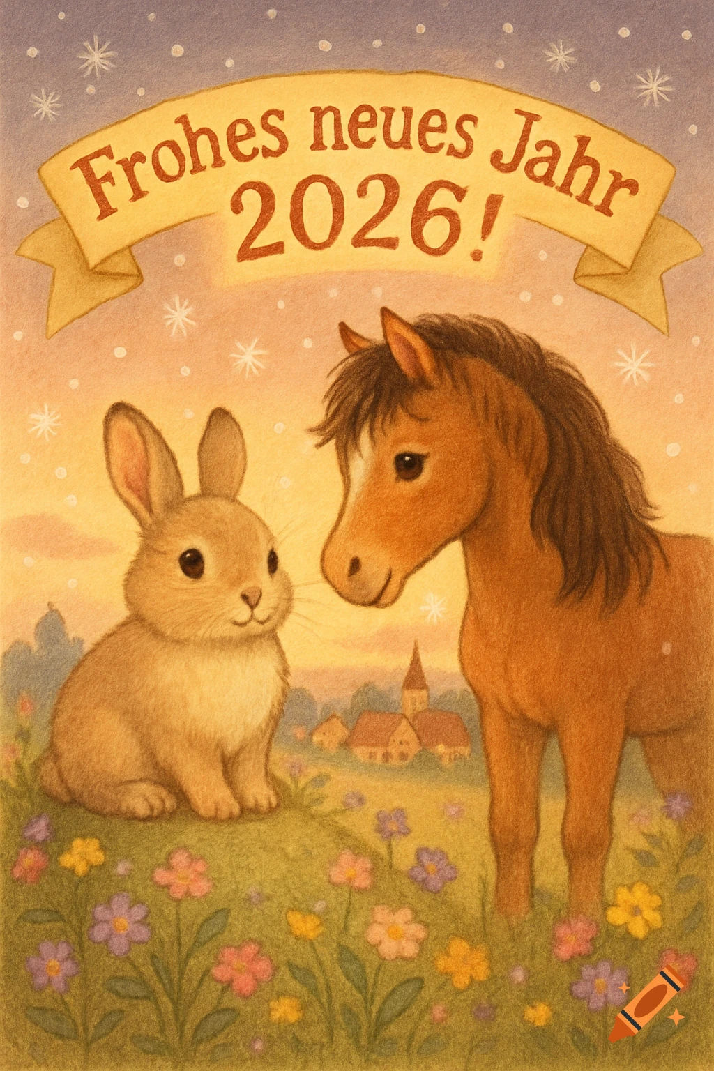 Illustration of a cute rabbit and horse in a field of flowers under a banner reading 'Happy New Year 2026!'.