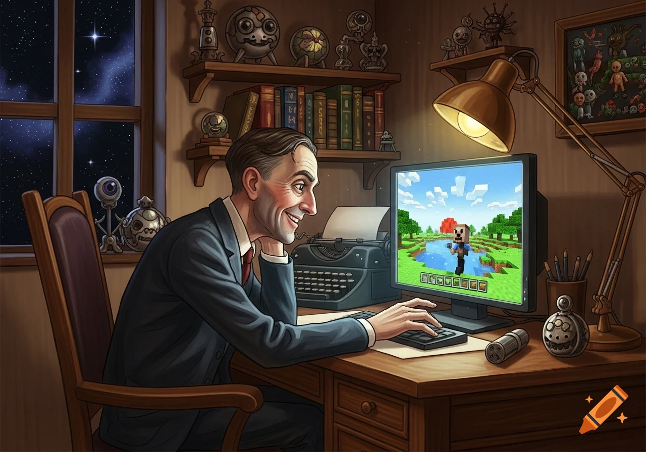 A stylized illustration of H.P. Lovecraft, looking happy, sitting at a desk and playing Minecraft on a computer.
