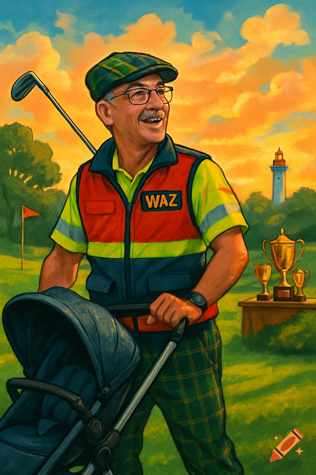 Smiling illustrated man in golf attire and glasses pushes a pram on a golf course at sunset, with a lighthouse and trophies in the background.