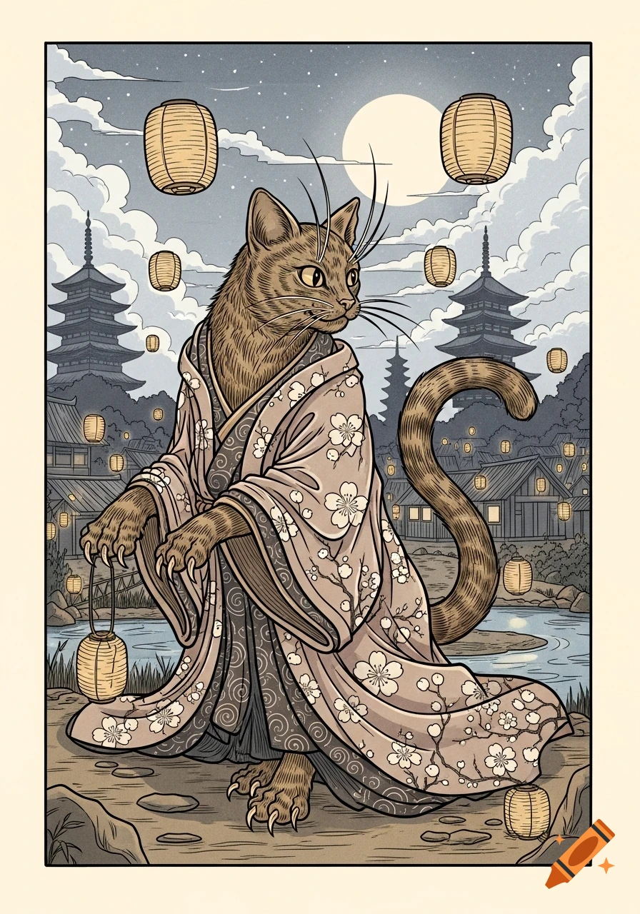 A stylized illustration of a bakeneko cat demon in traditional Japanese attire, holding a lantern in a nighttime village scene with pagodas.