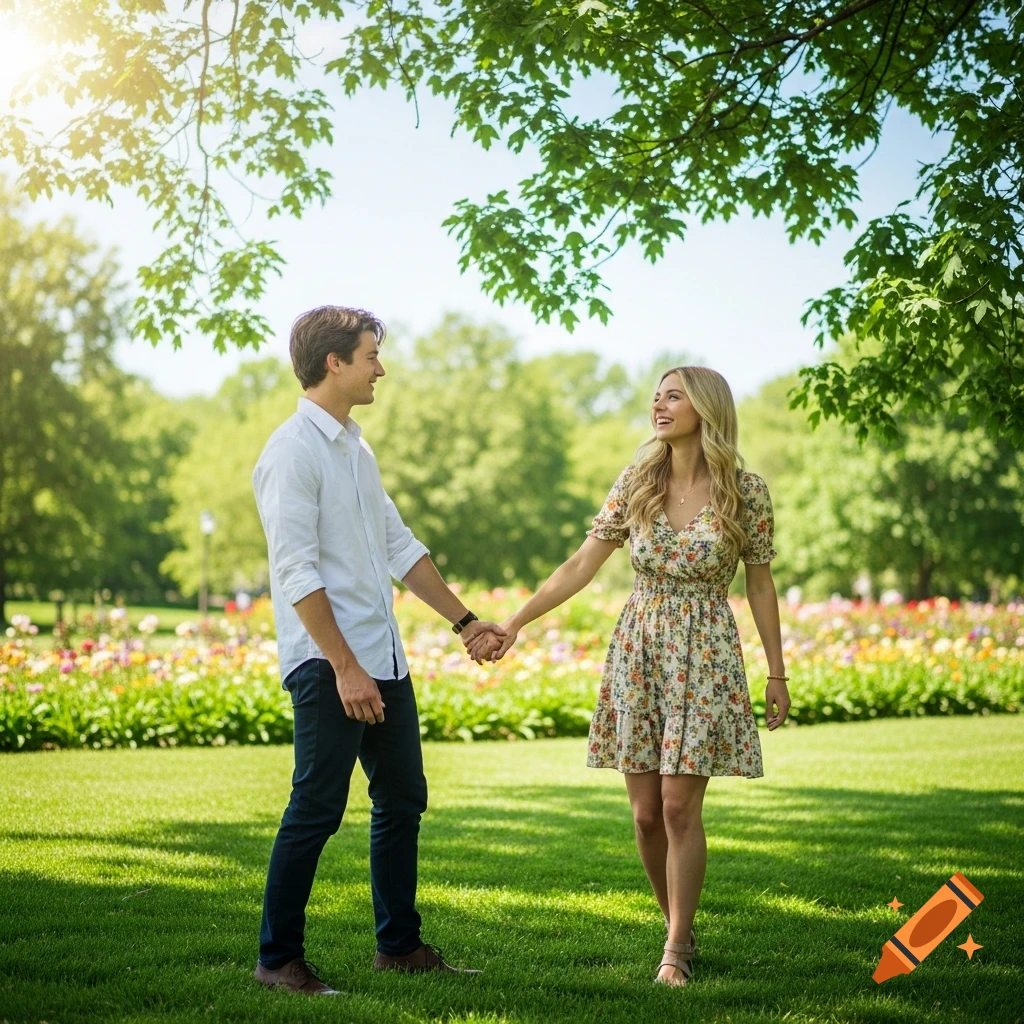 Young smiling couple holding hands, walking in a sunny park filled with green grass and colorful flowers.