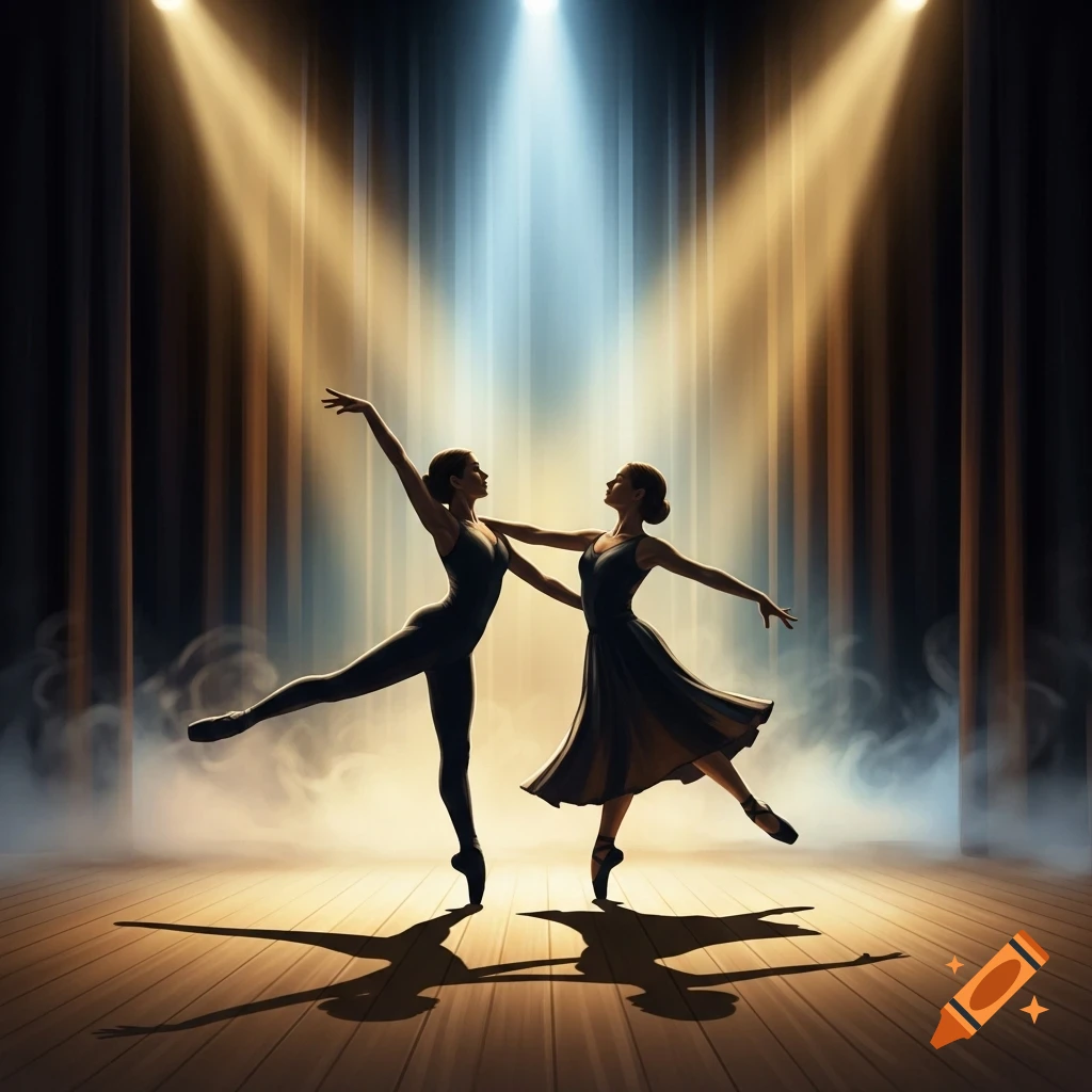 Two ballerinas gracefully dance on a dimly lit stage under bright spotlights, surrounded by smoke.