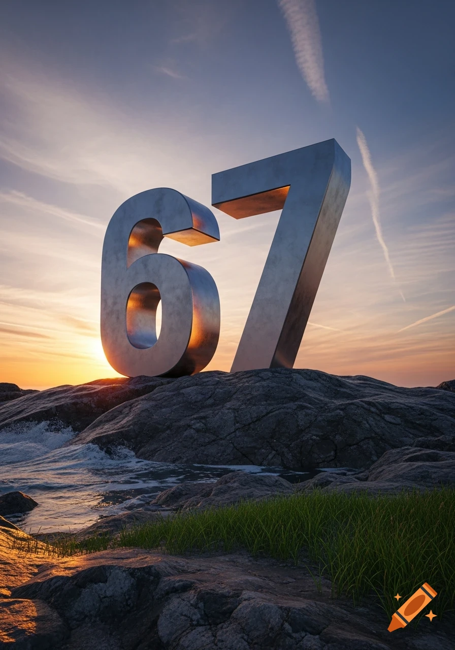 Metallic numbers 67 stand prominently on a rocky shore with waves, under a dramatic sunset sky.