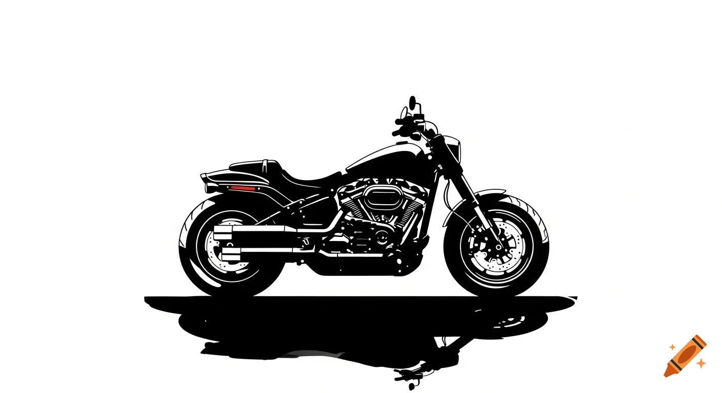 Minimalist black vector silhouette of a motorcycle in side view with a reflection on a white background.