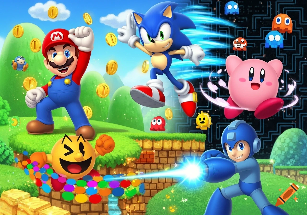 Mario, Sonic, Kirby, Pac-Man, and Mega Man in a vibrant, cartoon video game landscape with coins.