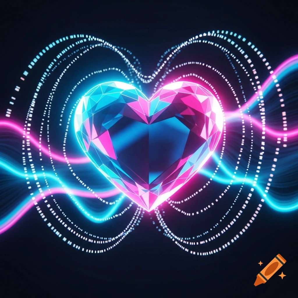 Glowing faceted neon heart in pink and blue, surrounded by wavy and dotted light trails on a black background.