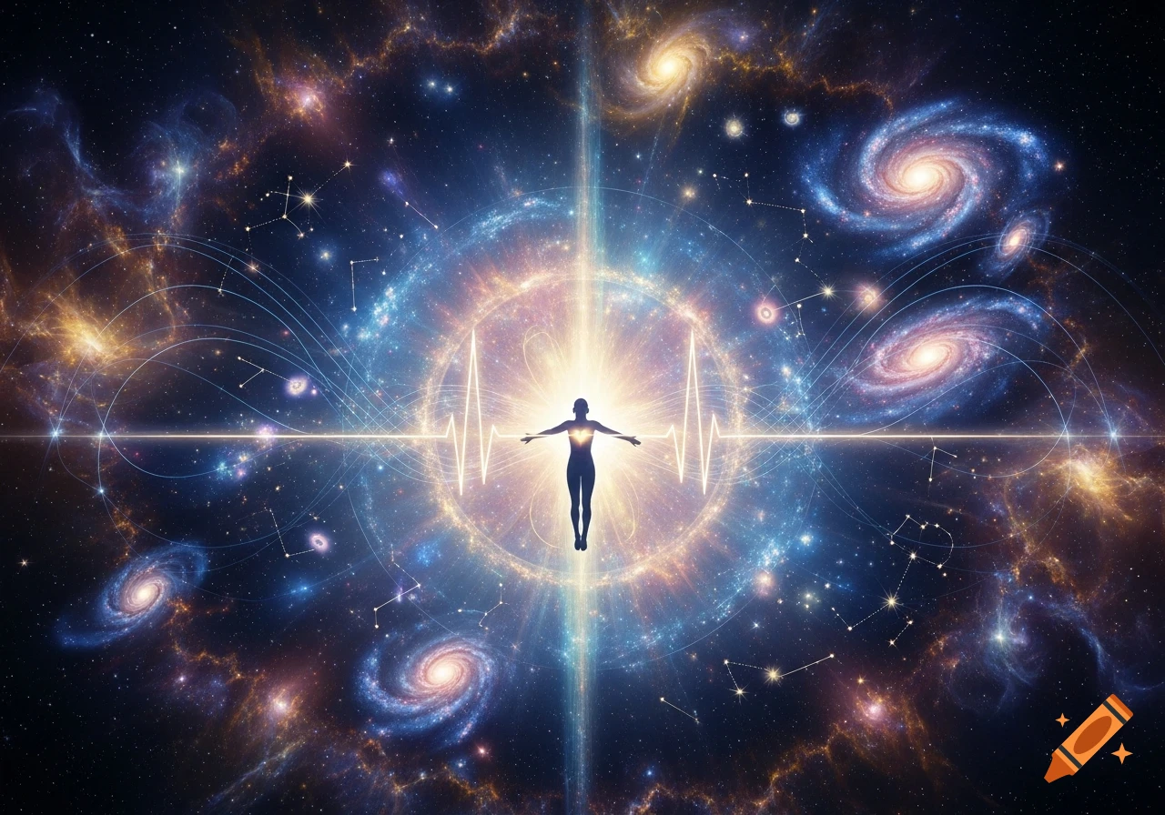 Silhouette of a person floating amidst a vibrant cosmic background with ...