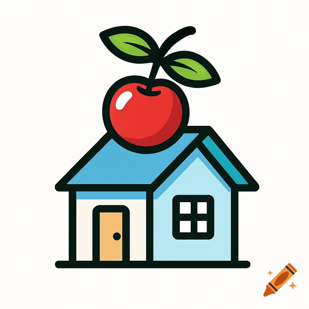 A stylized clip art illustration of a blue house with a red cherry and green leaves on its roof.