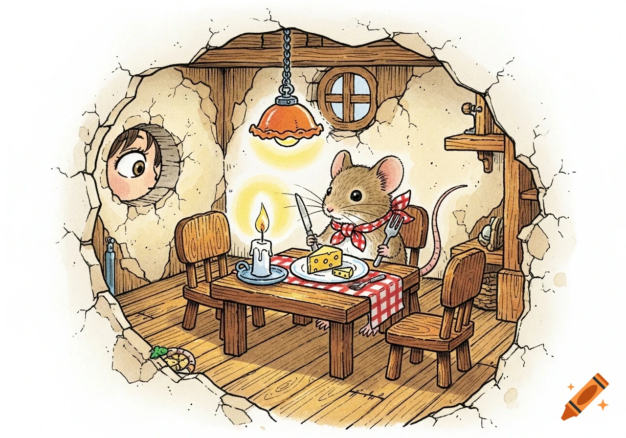 A cartoon mouse in a red bandana sits at a tiny table with a candle and cheese, holding utensils, while a child's eye peeks through a hole in the wall, in a manga picture book style.