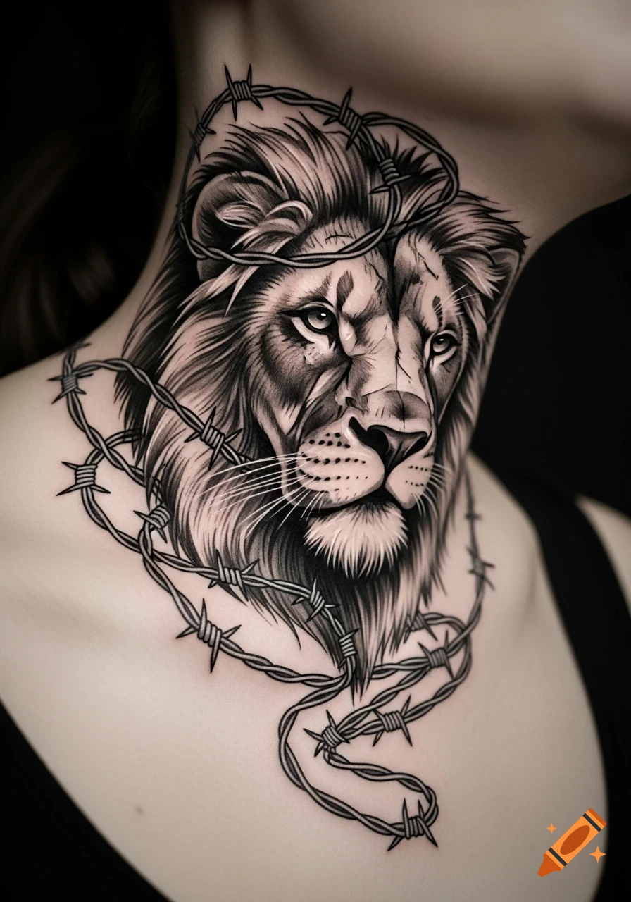 Black and grey tattoo of a lion's head with barbed wire wrapped around its neck, on a person's upper chest.