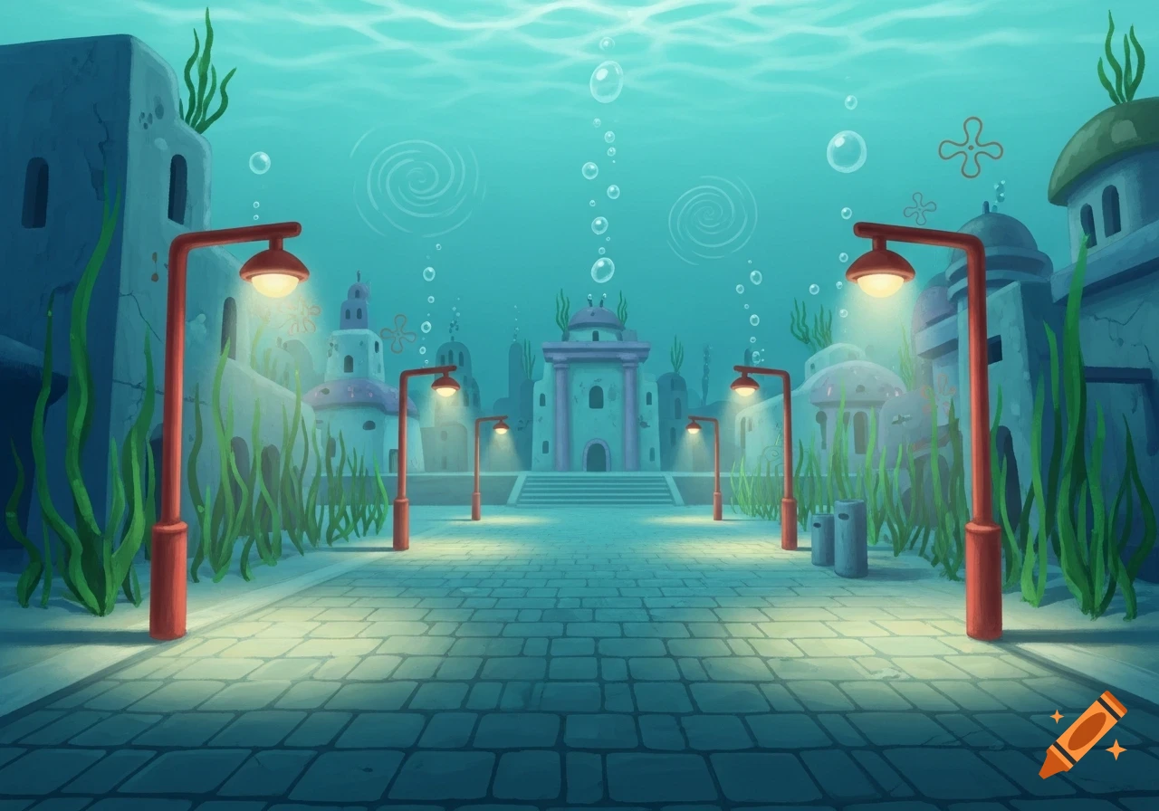 Cartoon underwater city street with red streetlights, paved path, buildings, and kelp, evoking a liminal SpongeBob background.