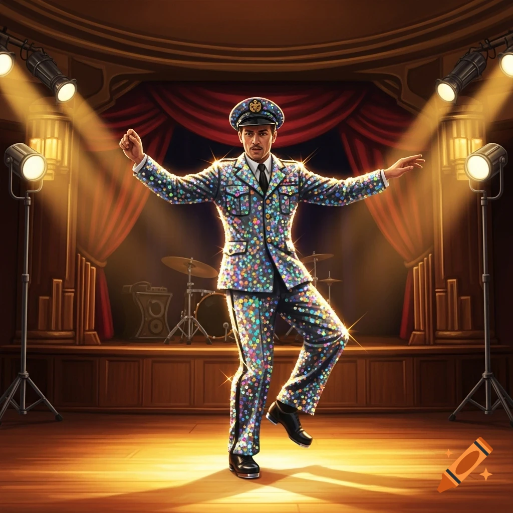 A man in a dazzling sequined WWII-style uniform tap dancing on a spotlighted stage.