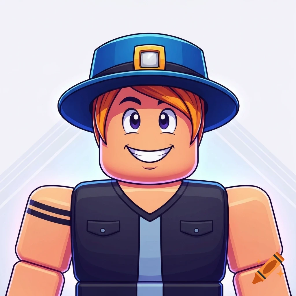 A cartoon Roblox avatar with orange hair, purple eyes, a wide smile, wearing a blue hat and a dark vest, on a light background.