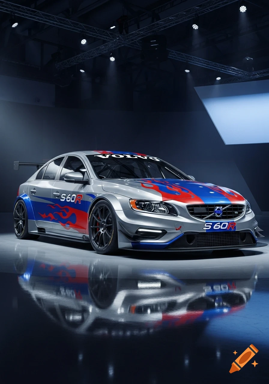 A silver Volvo S60R racing car with red and blue flame decals, reflecting on a polished floor in a studio.