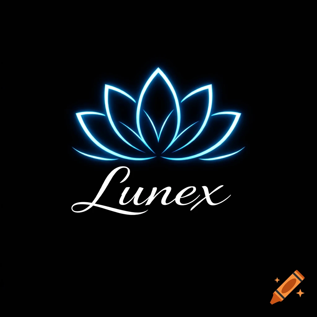 A minimalist logo with a glowing neon blue outline of a lotus flower above white cursive text that reads "Lunex" on a black background.