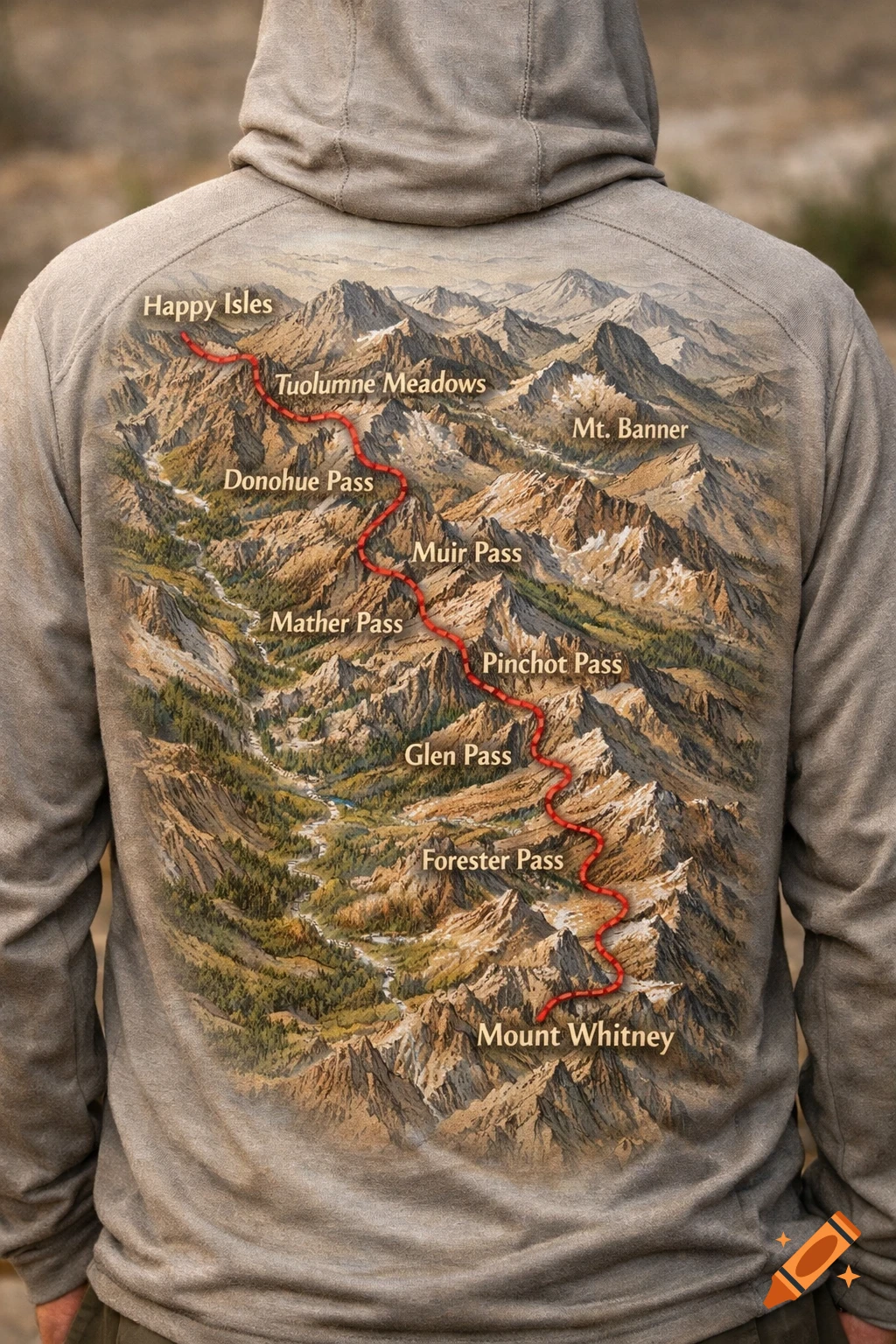Back of a person wearing a grey hoodie with a detailed topographical map of the John Muir Trail, showing peaks and passes, printed on it.