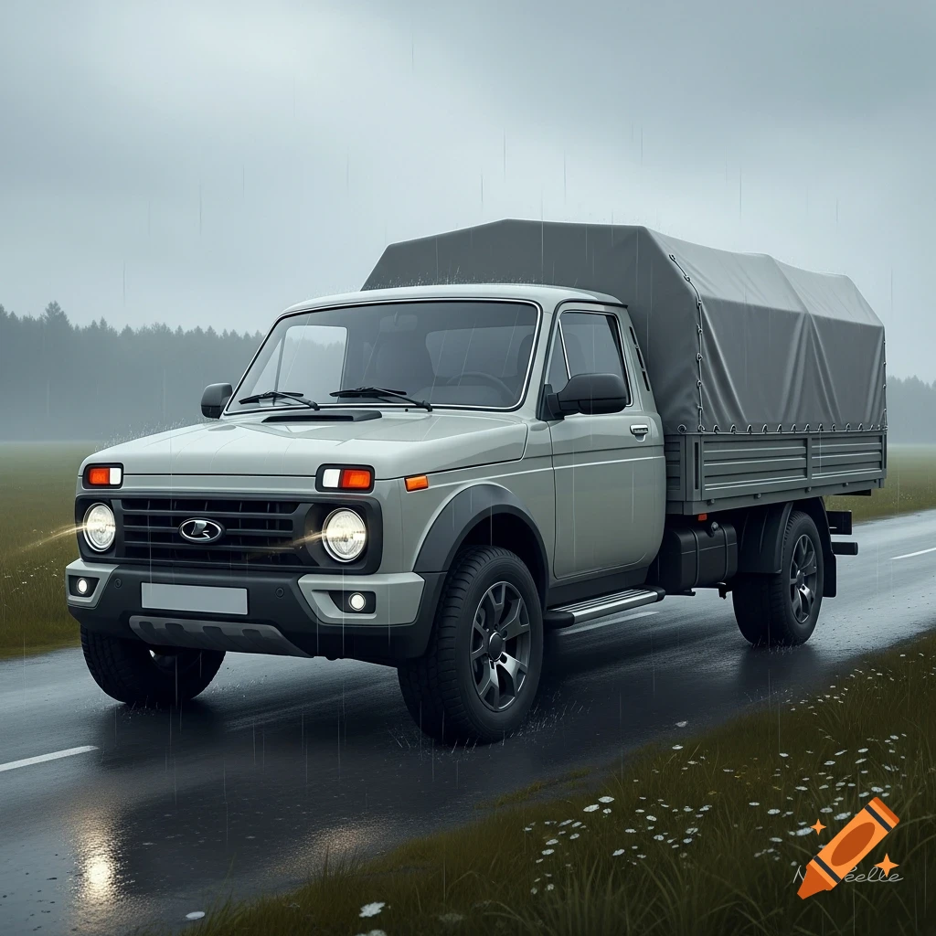 A light gray Lada Niva-style pickup truck with a canvas cover over its bed drives on a wet asphalt road in the rain, with fields and trees in the background.