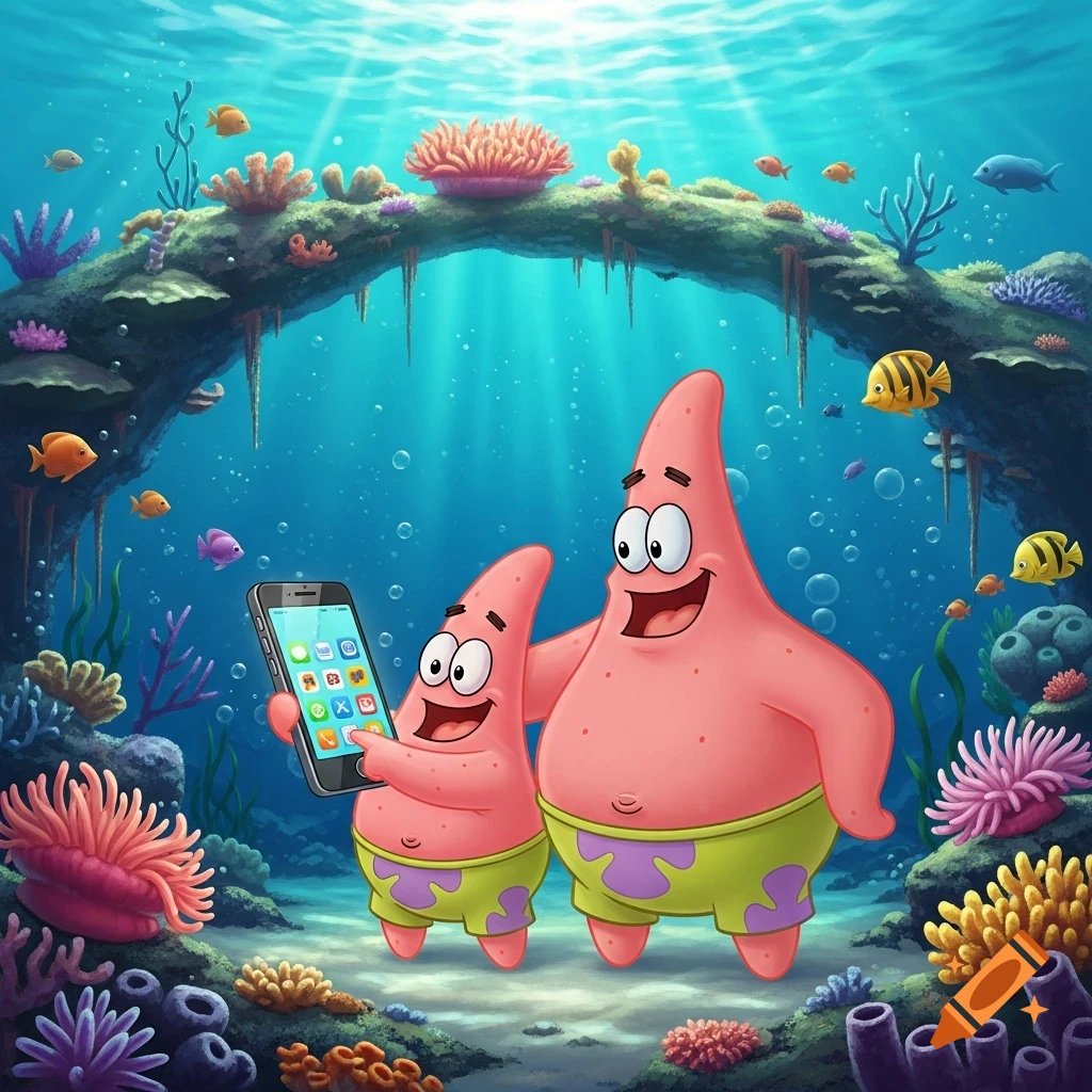 Patrick Star and a smaller Patrick-like character are underwater, surrounded by coral and fish, with the smaller one holding a smartphone.