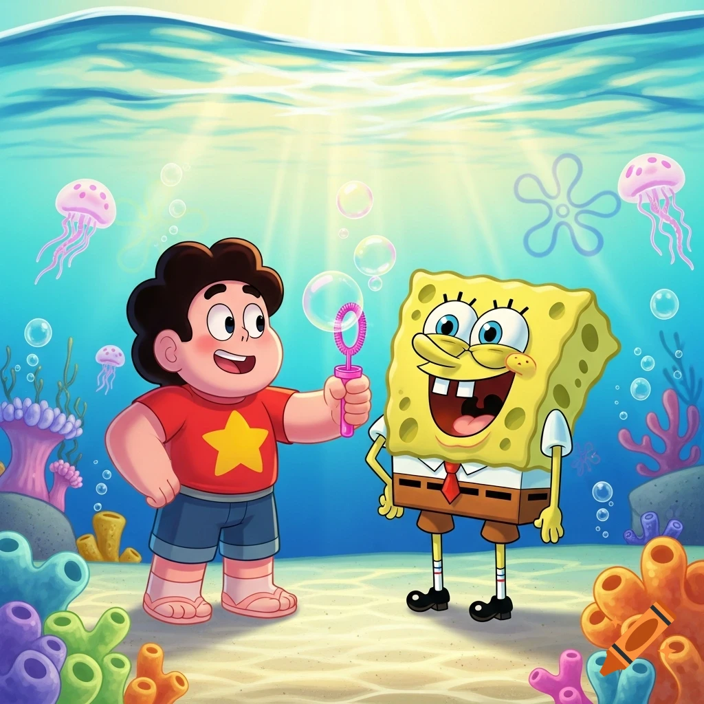 Steven Universe blows bubbles with a pink wand next to a smiling Spongebob Squarepants in a colorful underwater cartoon scene.
