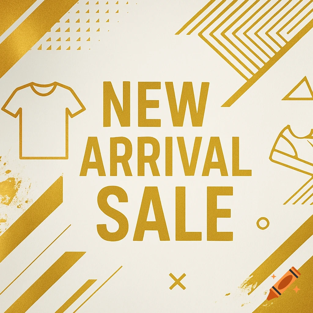 Gold and white geometric banner with "NEW ARRIVAL SALE" text, a t-shirt icon, and a sneaker icon.