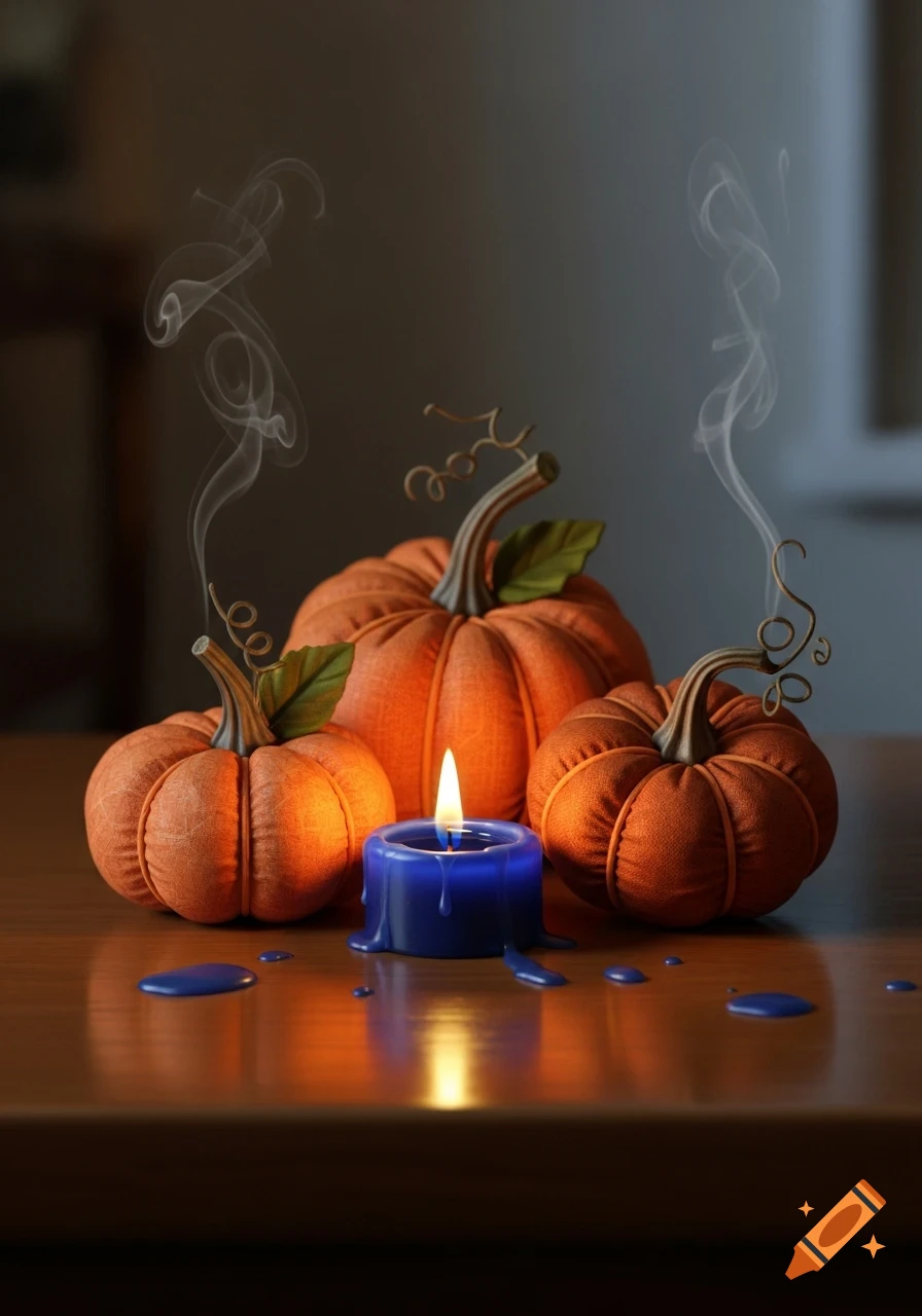 Three fabric pumpkins and a lit blue candle with smoke on a wooden table, in a still life photograph.
