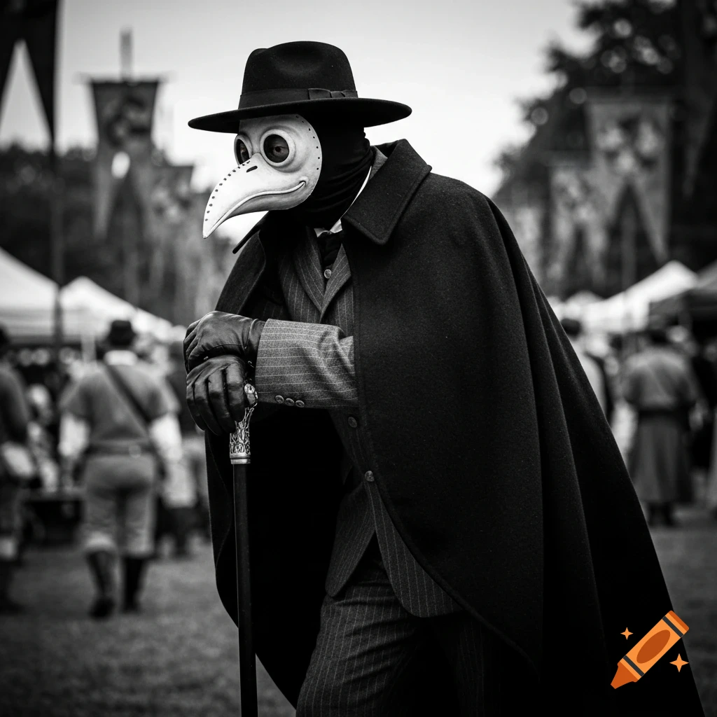 A photorealistic black and white image of a plague doctor in a hat, cape, and pinstripe suit, leaning on a cane at a festival.
