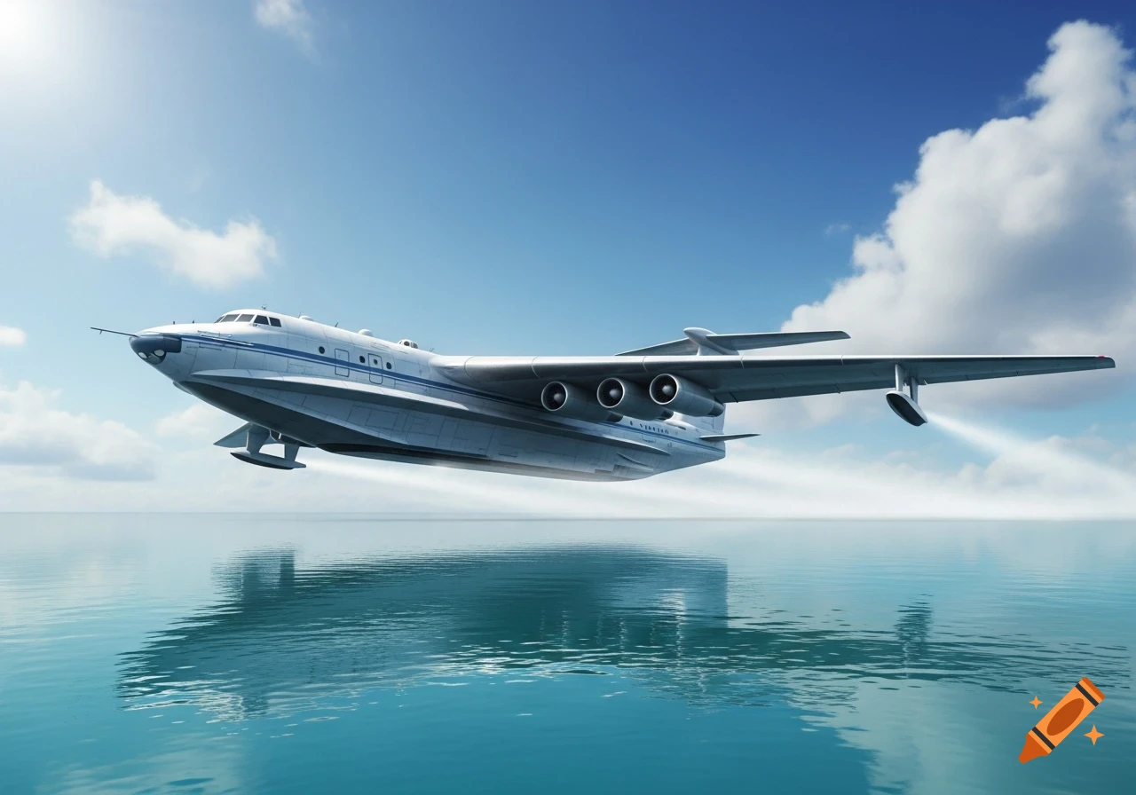 A photorealistic white and blue Ekranoplan flies low over turquoise water under a bright blue sky with scattered clouds.