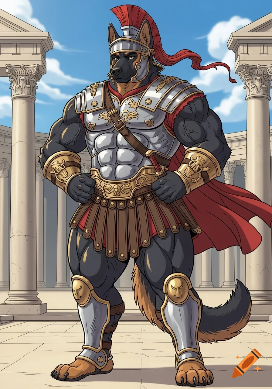 Muscular anthropomorphic German Shepherd in full Roman soldier armor, hands on waist, standing among ancient columns.