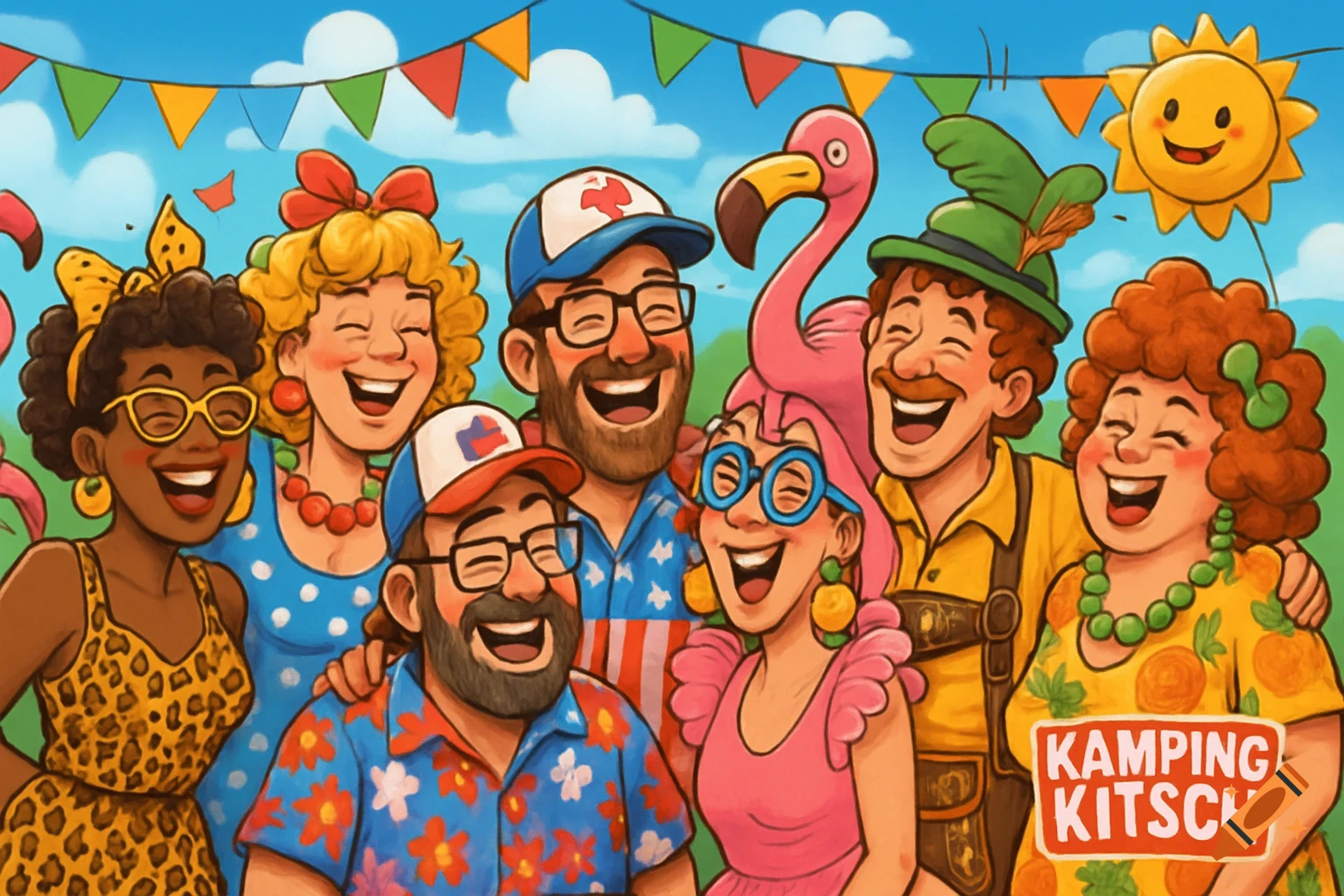 A colorful cartoon illustration shows a group of diverse adults happily laughing at a summer festival, wearing unique and funny outfits with a "Kamping Kitsch" sign.