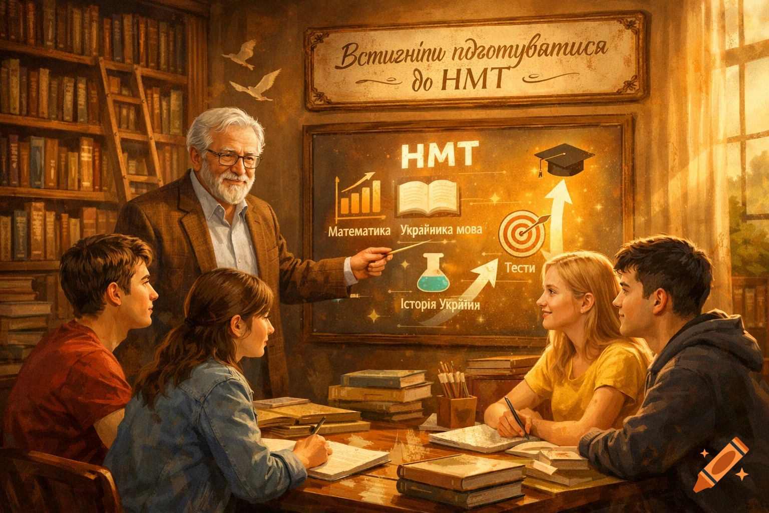 An older male teacher points to a chalkboard with study topics while four high school students listen and take notes at a table in a cozy, library-like classroom, painted in warm tones.