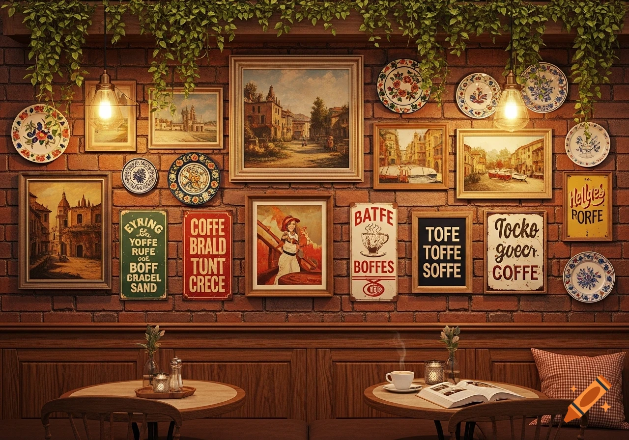 A rustic cafe interior features a brick wall adorned with numerous framed paintings, decorative plates, and signs with gibberish text, above two round tables.
