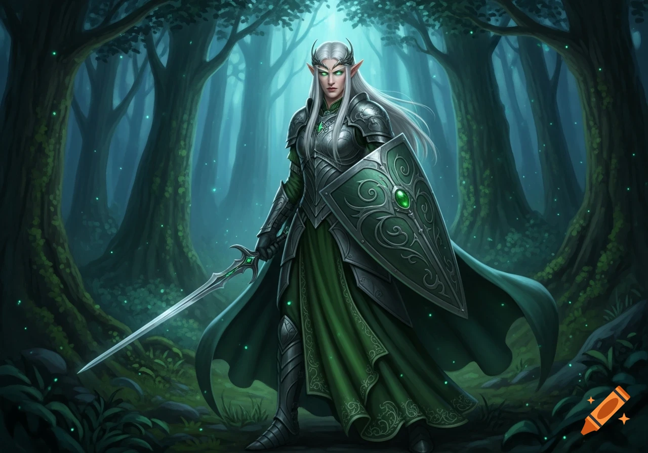 A pale elf warrior with white hair, glowing green eyes, and elven armor, holding a sword and shield, stands in an enchanted forest.