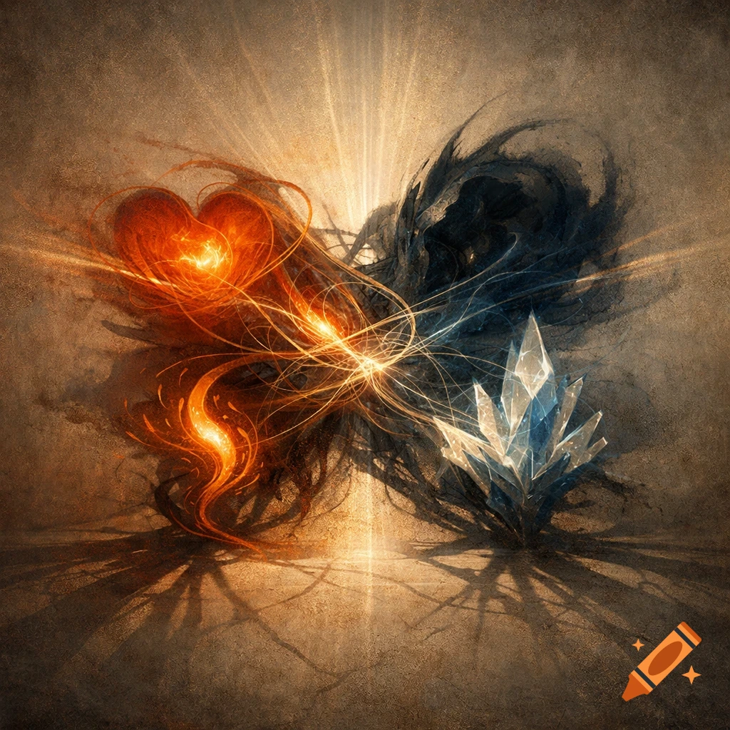 A vibrant, abstract image of a glowing orange fiery heart connected by light trails to a sharp, blue-white crystal on a textured brown background.