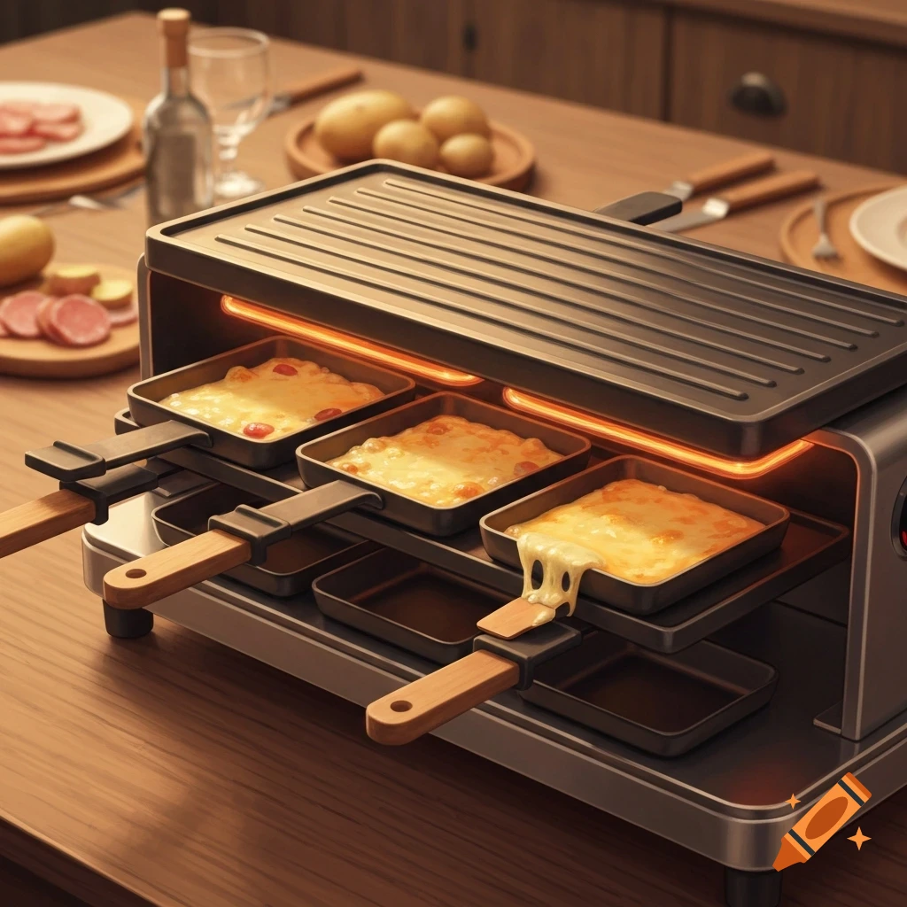 Photorealistic image of a raclette grill on a wooden table with melting cheese in pans, surrounded by potatoes and sliced meats.