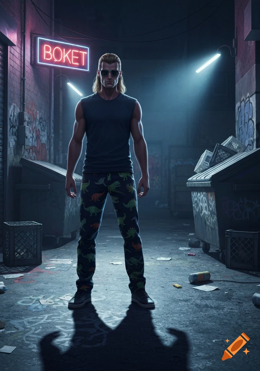 A man with long blonde hair, sunglasses, a dark tank top, and dinosaur-print pants stands in a dark, graffiti-covered alley under a neon "BOKET" sign.
