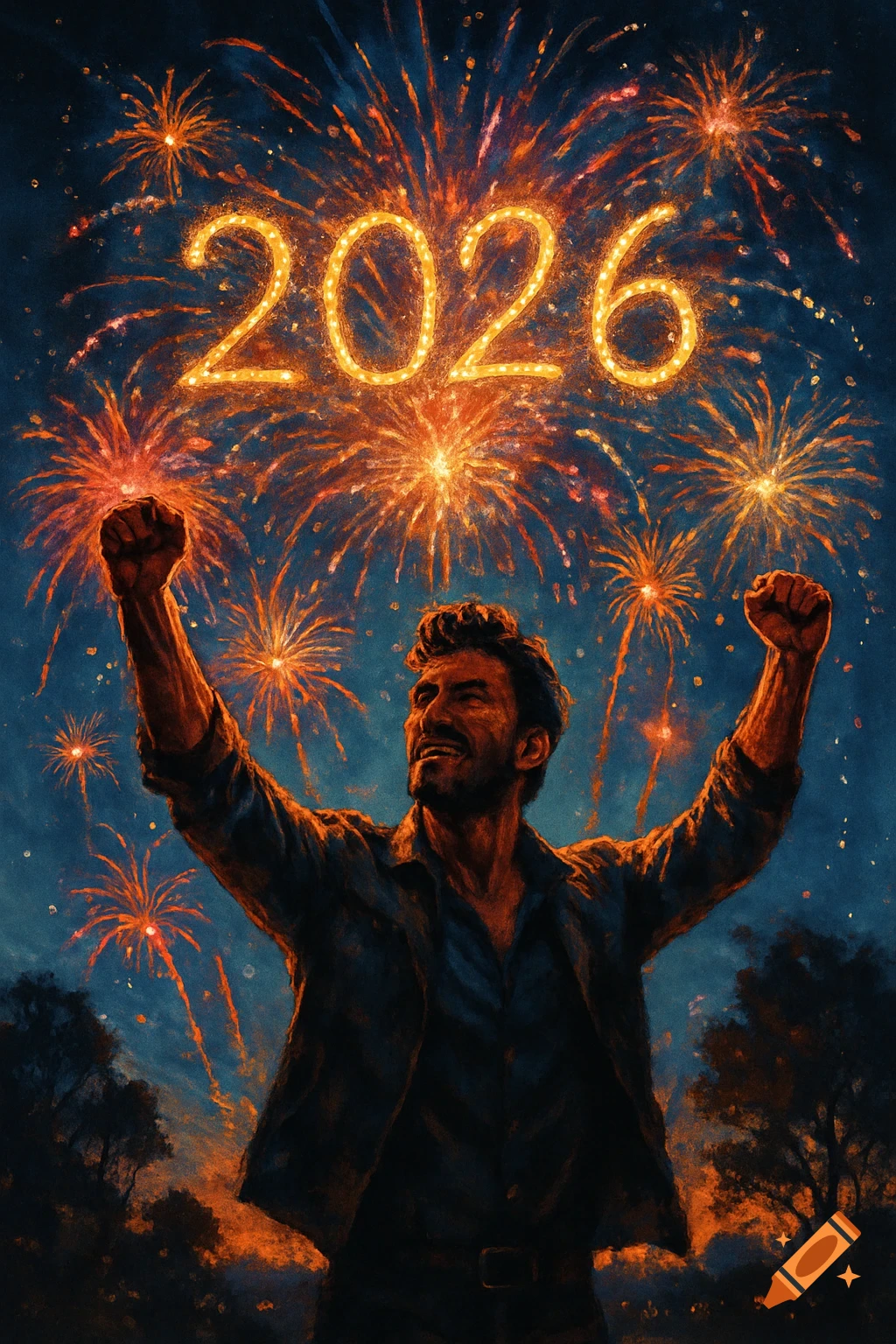 A man triumphantly raises his arms under a night sky filled with bright fireworks and the glowing numbers 2026.