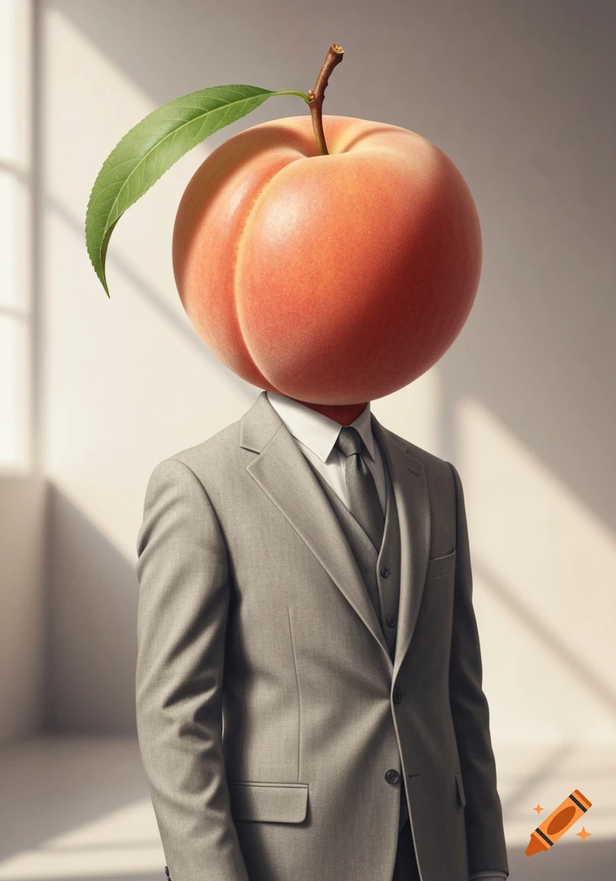 A man in a gray suit stands with a large, realistic peach for a head, a green leaf and stem protruding from the top.