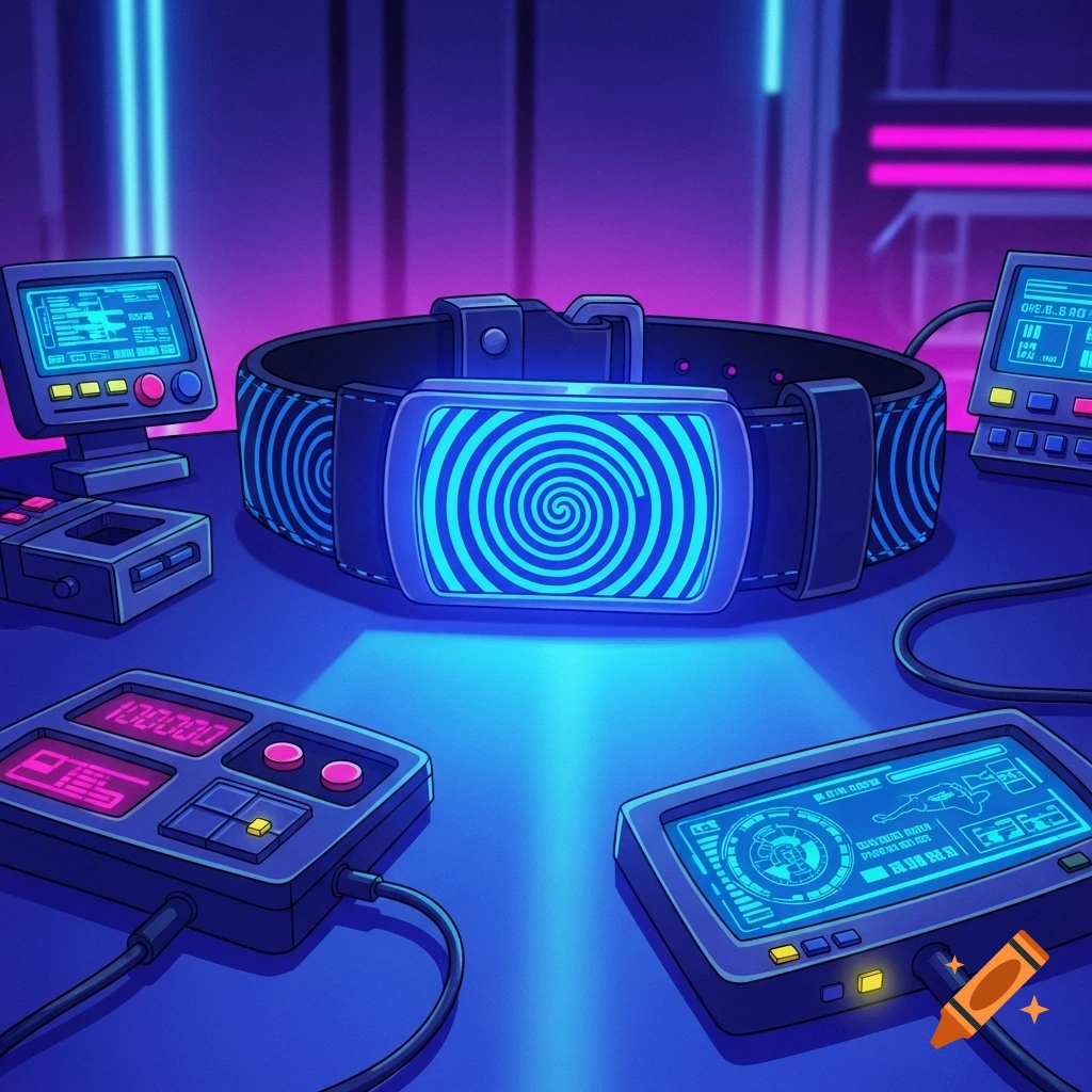 A glowing hypnotic belt surrounded by various futuristic electronic devices and screens, rendered in a neon, cartoonish style.